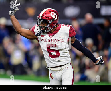 Oklahoma cornerback Tre Brown (6) celebrates after getting a safety during the Dr. Pepper Big-12 Championship between the Oklahoma Sooners vs Texas Longhorns at an NCAA Big-12 Championship Football game at the AT&T Stadium, Arlington Texas. 12/01/18.Manny Flores/Cal Sport Media. Stock Photo