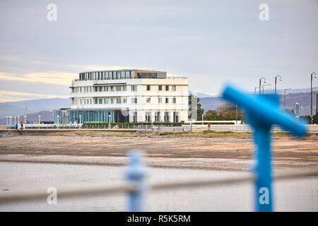 Art Deco sea front building the back of Oliver Hill designed Grade II* listed building Midland Hotel on Morecambe Bay, Lancashire, Stock Photo