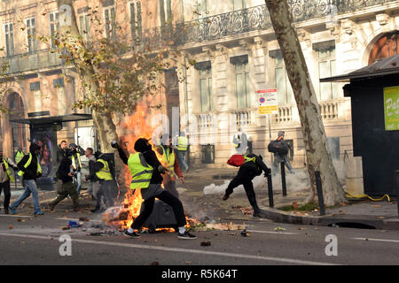 Violences occured on December the 1st in the streets of Toulouse, France, between riot police and the yellow vest (gilets jaunes). Police largely used tear gas. Stock Photo