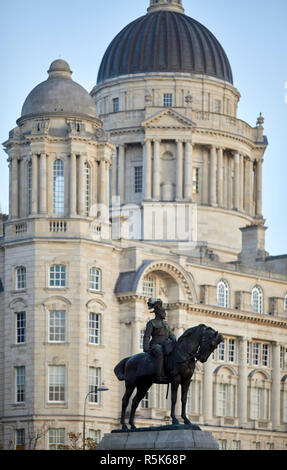 Liverpool Waterfront The Port Of Liverpool Building frames the The Three Graces  Equestrian statue of King Edward VII Stock Photo