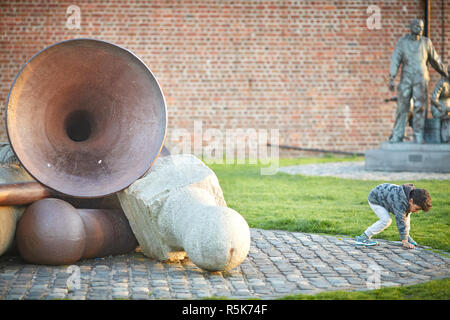 Pier Head Liverpool Waterfront big trumpet  statue as a child plays Stock Photo