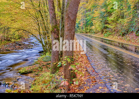 Horizontal shot of the Little River with the road running beside it on a rainy Autumn day in the Smoky Mountains. Stock Photo