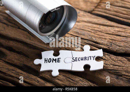 Closeup Of Home Security Jigsaw Pieces By Security Camera Stock Photo