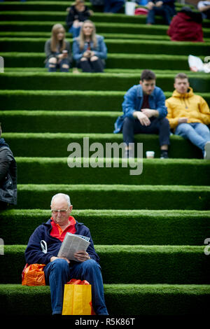 Liverpool city centre Liverpool One artificial grass cover steps seating area Stock Photo