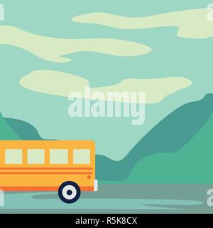 Excursion bus on highway. Tourist bus leaving the city vector illustration Stock Vector