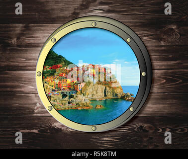 Two ship windows with tropical sea or ocean island. Travel 