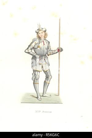 Italian man of arms, 16th century, after an illustration by Italian artist Bernardino di Benedetto, il Pinturicchio (1454-1513), in the Louvre. Handcolored illustration by E. Lechevallier-Chevignard, lithographed by A. Didier, L. Flameng, F. Laguillermie, from Georges Duplessis's 'Costumes historiques des XVIe, XVIIe et XVIIIe siecles' (Historical costumes of the 16th, 17th and 18th centuries), Paris 1867. The book was a continuation of the series on the costumes of the 12th to 15th centuries published by Camille Bonnard and Paul Mercuri from 1830. Georges Duplessis (1834-1899) was curator of  Stock Photo