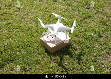 Drone successfully delivered parcel Stock Photo