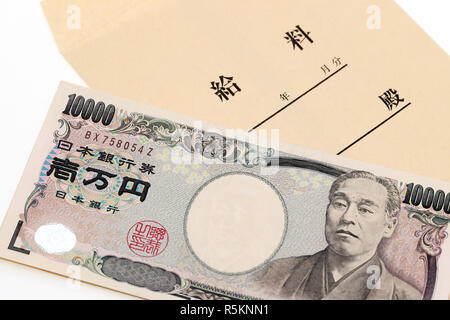 Japanese money and salary envelope on white background Stock Photo