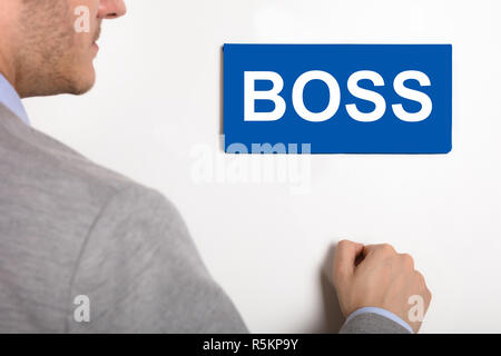 Businessman Knocking Door With Boss Text Stock Photo