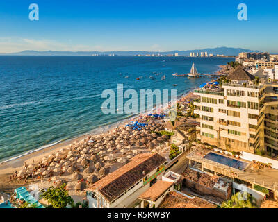 Aerial view of Los Muertos Beach, the most popular beach in Puerto Vallarta, Jalisco, Mexico. Stock Photo