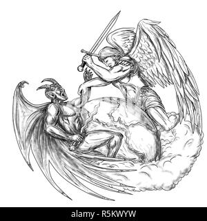 Angel Fighting Demon over Earth World Tattoo Stock Photo