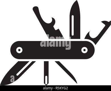 Multipurpose knife black icon, vector sign on isolated background. Multipurpose knife concept symbol, illustration  Stock Vector