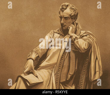 Lord Byron (1788-1824). British nobleman, poet an politician. Figure of the Romantic movement. Drawing from a statue of Egidio Pozzi of Lord Byron.  Chromolithography. La Civilizacion (The Civilization), volume III, 1882. Stock Photo