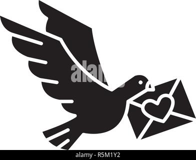 Dove with a letter black icon, vector sign on isolated background. Dove with a letter concept symbol, illustration  Stock Vector