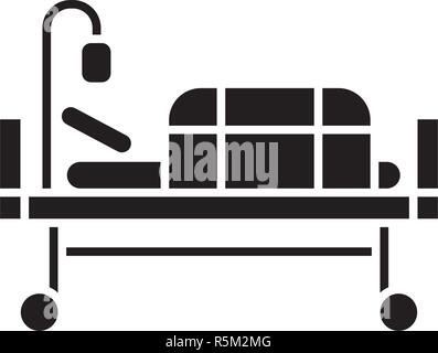 Bed in hospital black icon, vector sign on isolated background. Bed in hospital concept symbol, illustration  Stock Vector