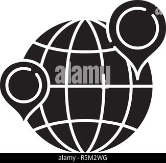 Globe with pointers black icon, vector sign on isolated background. Globe with pointers concept symbol, illustration  Stock Vector