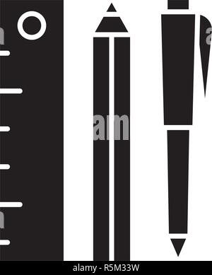 Ruler, pencil and pen black icon, vector sign on isolated background. Ruler, pencil and pen concept symbol, illustration  Stock Vector