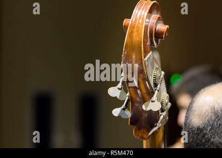 Close up of the Scroll - peg box of a cello during a live performance. Stock Photo