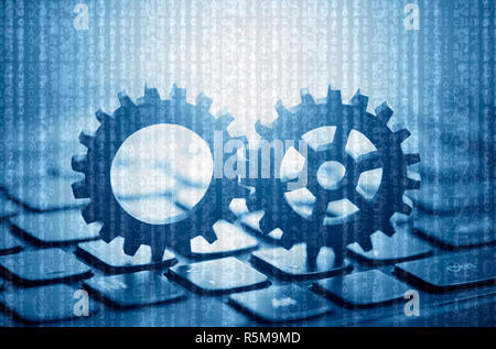 Two gears on computer keyboard with computer code in the background Stock Photo