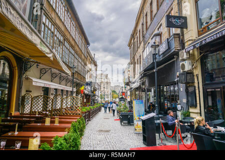 September 22, 2017 Bucharest/Romania - Street lined up with pubs and restaurants in the old town Stock Photo