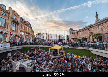 PLOVDIV, BULGARIA - AUGUST 19, 2016 - First drone festival in Plovdiv, Bulgaria. The event includes music and dance performances, drone flying demonst Stock Photo