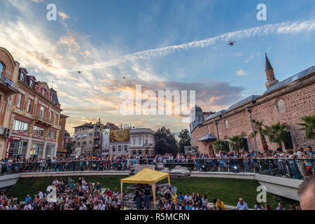 PLOVDIV, BULGARIA - AUGUST 19, 2016 - First drone festival in Plovdiv, Bulgaria. The event includes music and dance performances, drone flying demonst Stock Photo