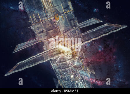 Hubble Space Telescope and nebula. Double exposure. Stock Photo