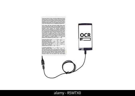 Book connected to a smartphone through an USB cable. Optical character recognition loading bar. Stock Photo