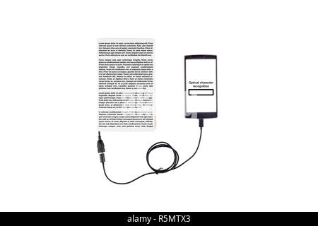 Book connected to a smartphone through an USB cable. Optical character recognition loading bar. Stock Photo