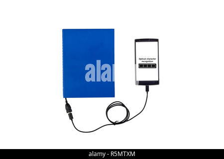 Book connected to a smartphone through an USB cable. Optical character recognition loading bar. Stock Photo