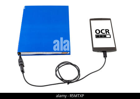 Book connected to a smartphone through an USB cable. Optical character recognition loading bar. Stock Photo