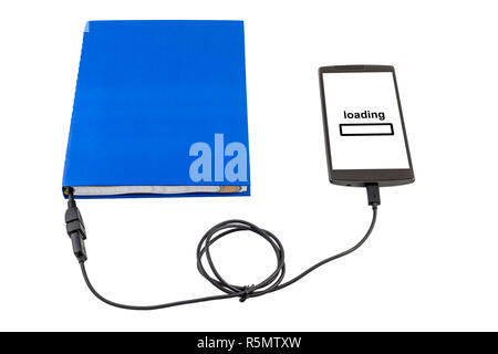 Book connected to a smartphone through an USB cable. Optical character recognition loading bar. Stock Photo