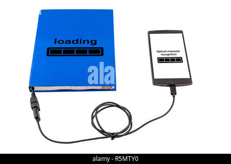 Book connected to a smartphone through an USB cable. Optical character recognition loading bar. Stock Photo