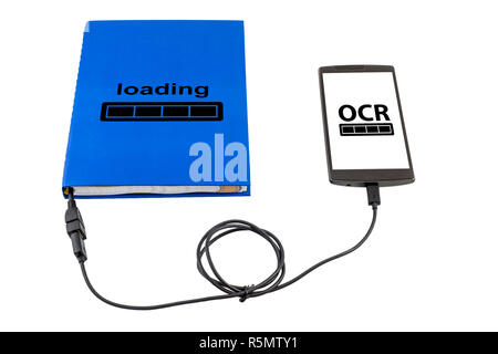 Book connected to a smartphone through an USB cable. Optical character recognition loading bar. Stock Photo