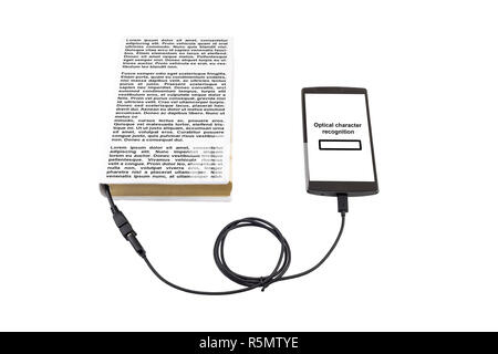 Book connected to a smartphone through an USB cable. Optical character recognition loading bar. Stock Photo