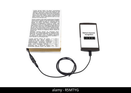 Book connected to a smartphone through an USB cable. Optical character recognition loading bar. Stock Photo