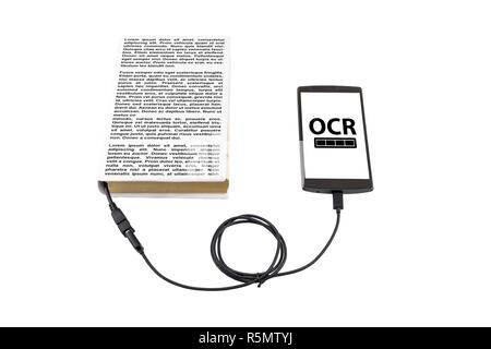 Book connected to a smartphone through an USB cable. Optical character recognition loading bar. Stock Photo
