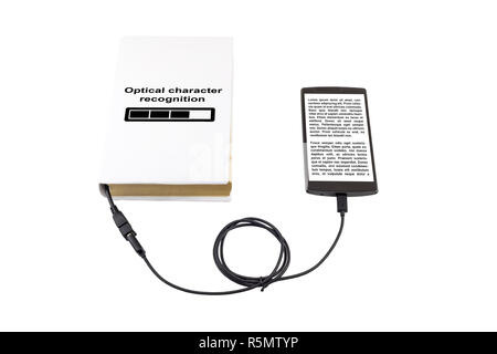 Book connected to a smartphone through an USB cable. Optical character recognition loading bar. Stock Photo