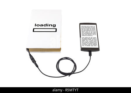 Book connected to a smartphone through an USB cable. Optical character recognition loading bar. Stock Photo