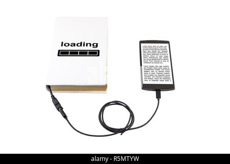 Book connected to a smartphone through an USB cable. Optical character recognition loading bar. Stock Photo