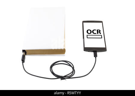 Book connected to a smartphone through an USB cable. Optical character recognition loading bar. Stock Photo