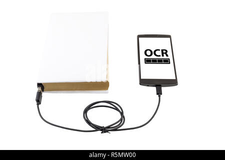 Book connected to a smartphone through an USB cable. Optical character recognition loading bar. Stock Photo