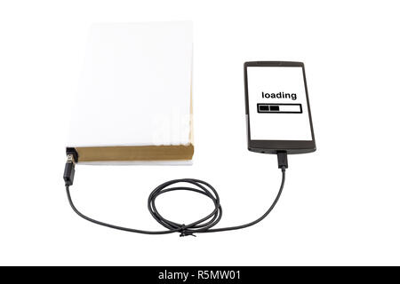 Book connected to a smartphone through an USB cable. Optical character recognition loading bar. Stock Photo