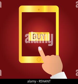 hands holding a tablet with buy now icon illustration isolated in a red background Stock Vector