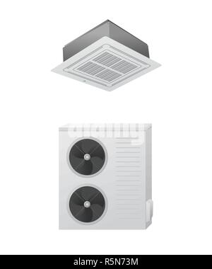The air conditioning split system vector illustration. Outdoor and indoor unit. HVAC. Ceiling Cassette. Stock Vector