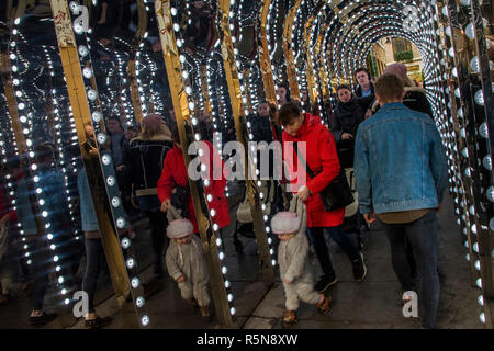 The new ‘infinity chamber’ light installation in Conduit Court, off Floral Street. - Christmas in Covent Garden Stock Photo