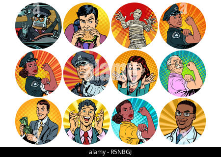 set pop art round icons characters avatar Stock Photo