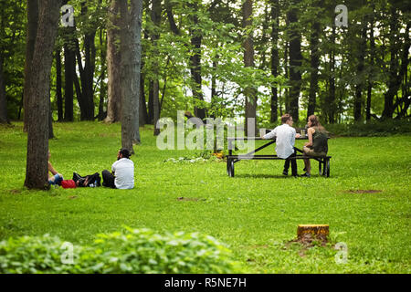 Two young couples sitting on the grass and bench in the forest and having a conversation in Mount Royal park, Montreal, Canada. Stock Photo