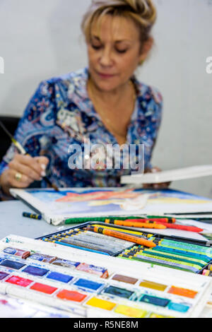 Miami Beach Florida,Lincoln Road Mall,ArtCenter SouthFlorida,art artwork,watercolor class,painting,adult education,student,hobby,adult adults woman wo Stock Photo